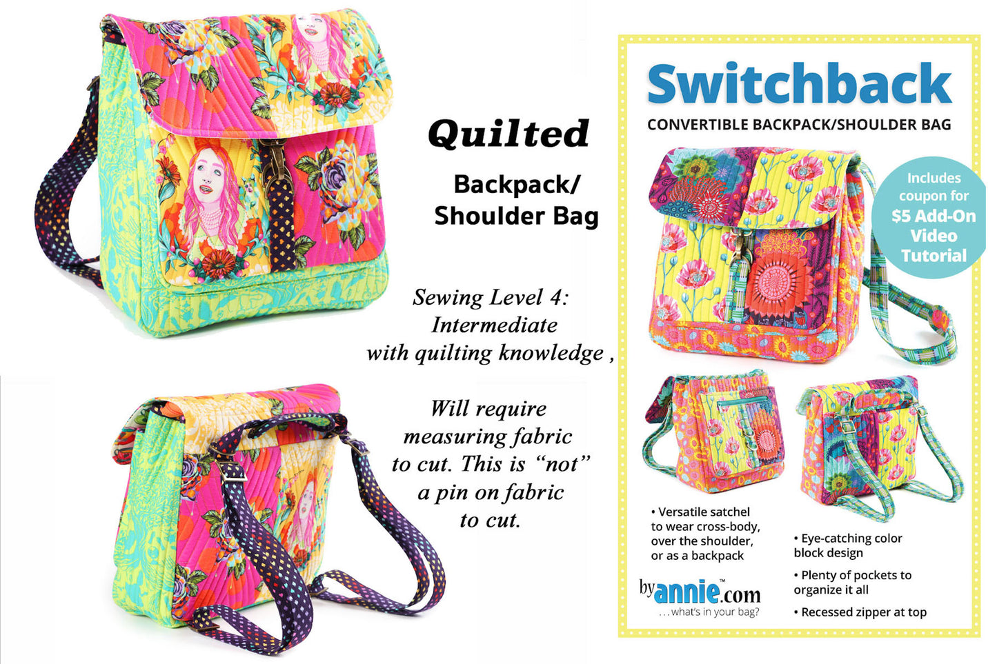 Sewing Pattern Quilted Switchback Cross Body Turns into Backpack Sewing Level 4 ; Read Description