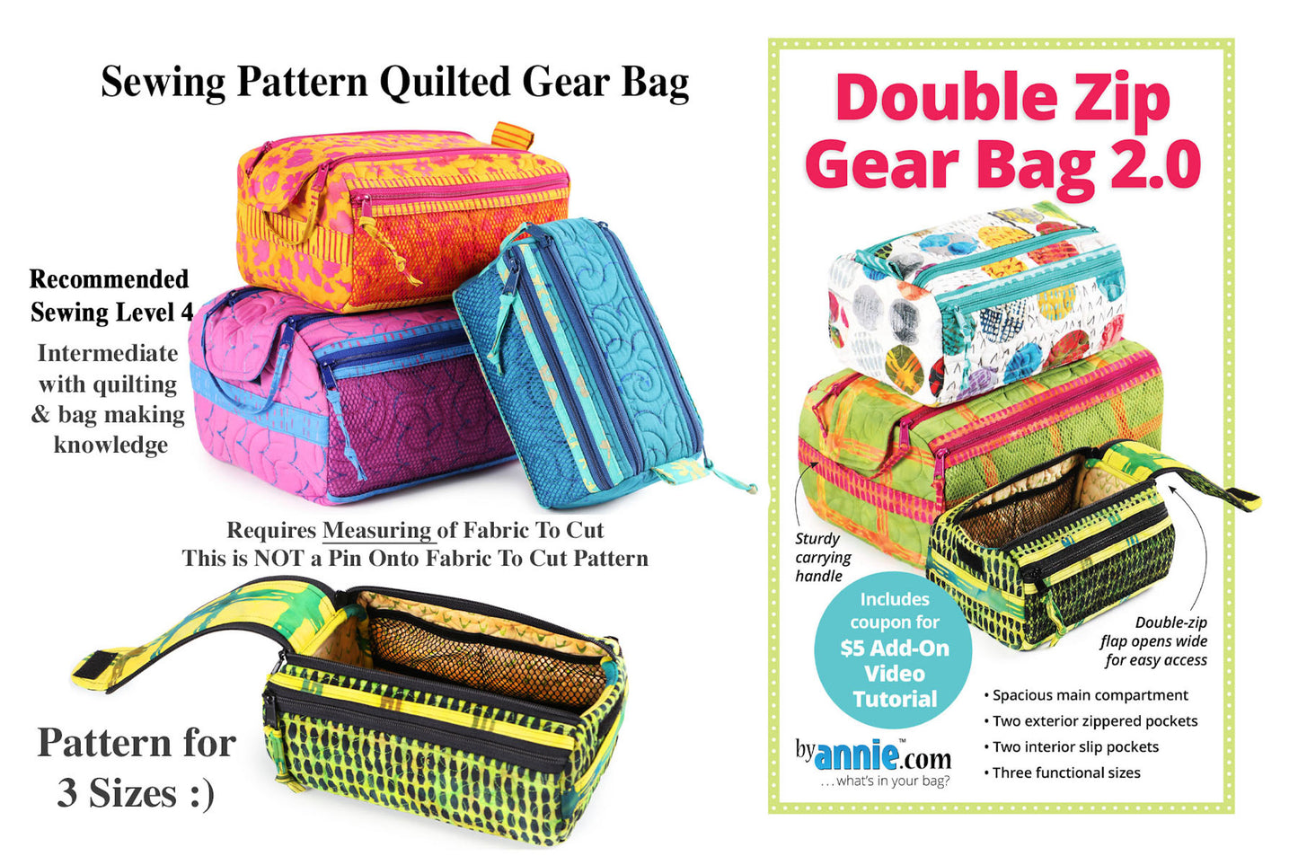 Sewing Pattern Quilted Gear Bag 3 Sizes, Double Zip Gear 2.0 NEWEST VERSION Byannie Sewing Level 4 (please read description)