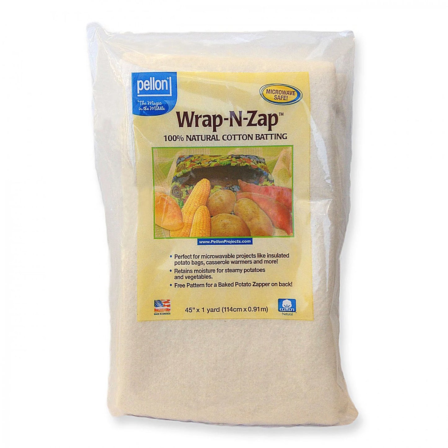 Pellon Microwavable Batting WRAP-N-ZAP 100% Cotton 45"X 1 Yard -Sewing Potato Bags,Warmers, Bowl Cozies & More