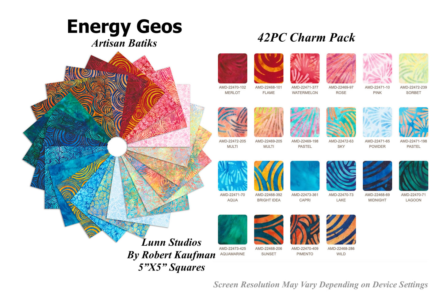 42PC Energy Geos Batik Lunn Studios Charmpack Fabric by Robert Kaufman 5X5" Squares 100% Cotton Square Charm Pack