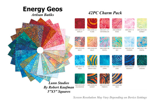 42PC Energy Geos Batik Lunn Studios Charmpack Fabric by Robert Kaufman 5X5" Squares 100% Cotton Square Charm Pack