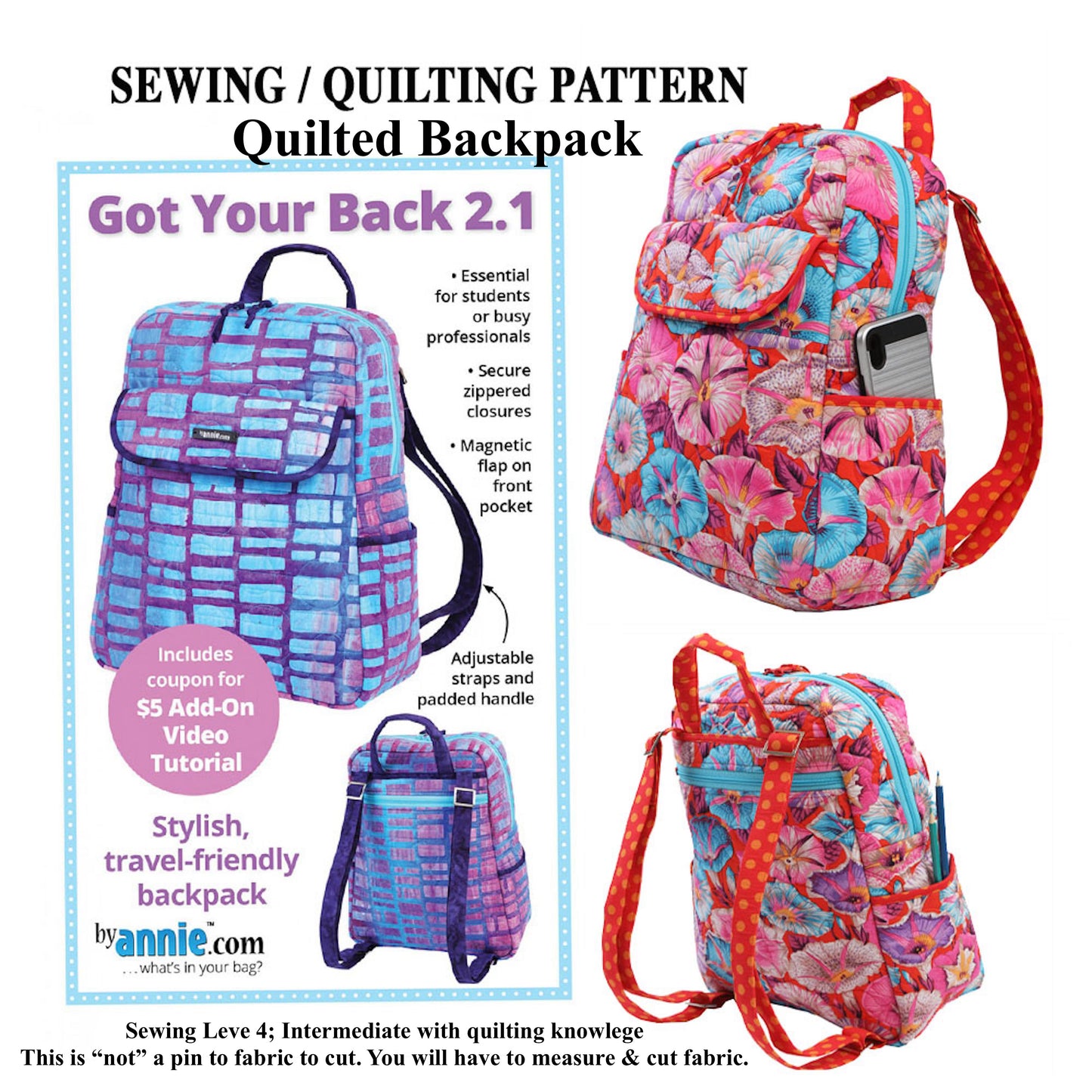 Sewing Pattern Quilted BackPack byAnnie Got Your Back 2.1 Sewing Level 4 Read Description