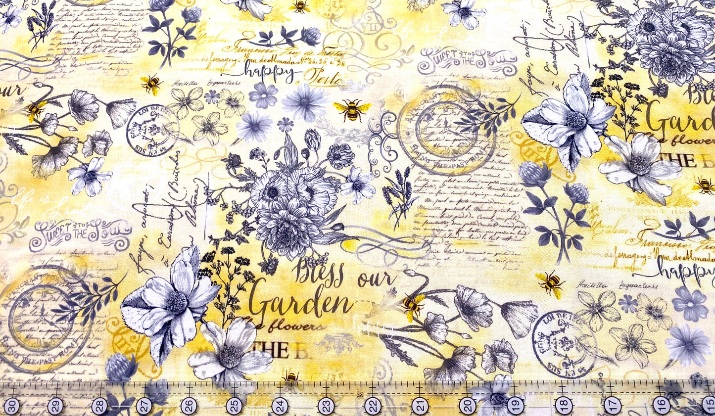 Timeless Treasures Fabric Happy Sweet the Soul; Bless our Garden Bees 100% Quilt Cotton;