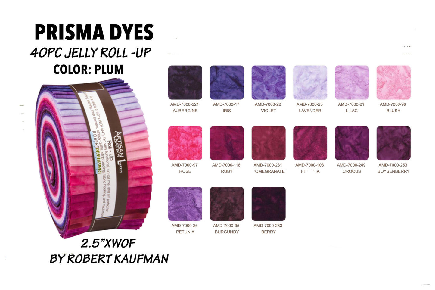 Robert Kaufman 40PC Jelly Roll Plum Prisma "Batik" Dyes 2.5 " X 44 Strips Quilt Strips Jellyroll