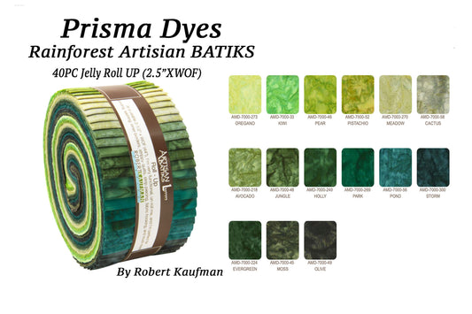 Robert Kaufman 40PC Jelly Roll Rainforest Prisma "Batik" Dyes 2.5 " X 44 Strips Quilt Strips Jellyroll