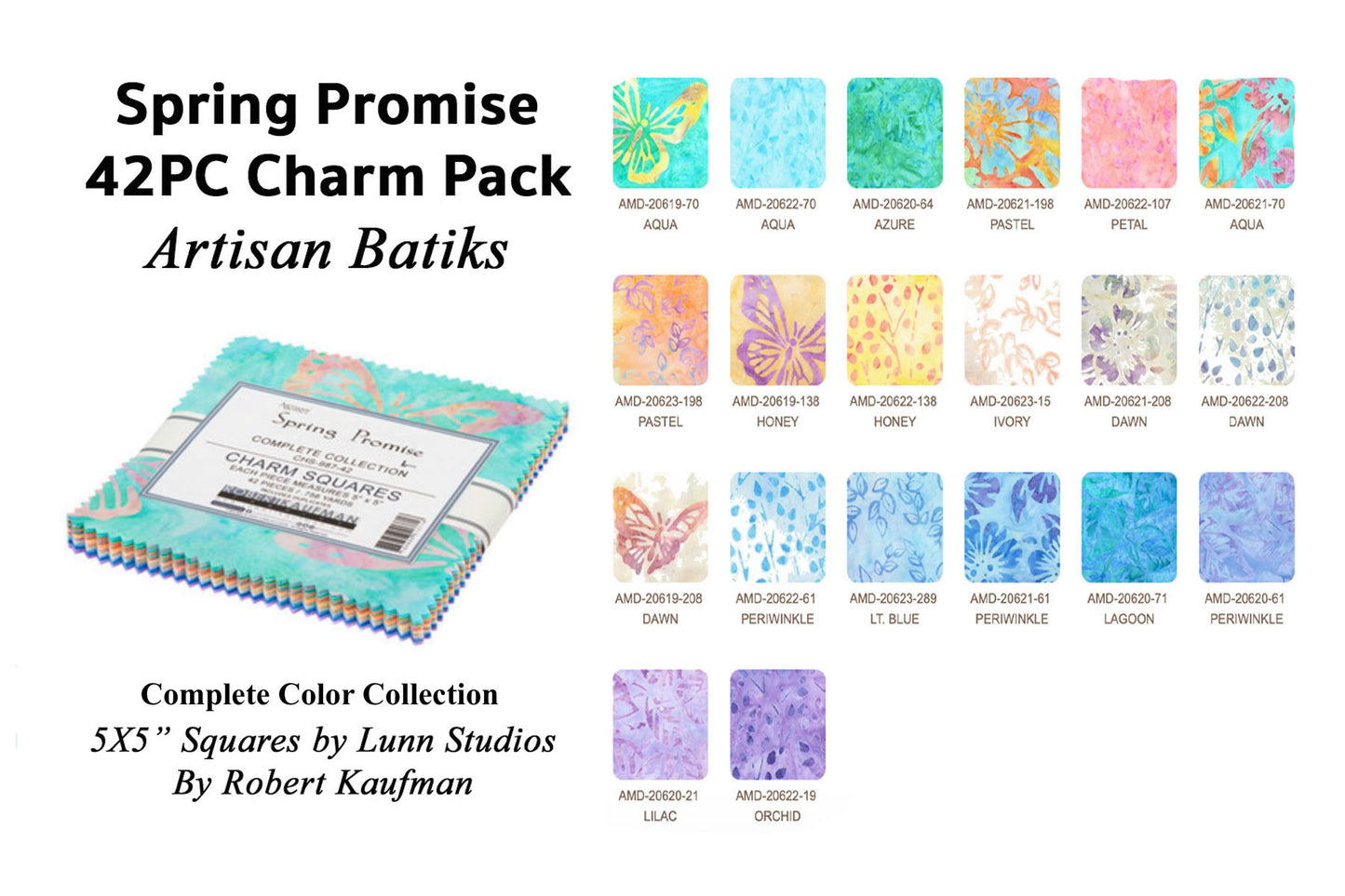 42PC Spring Promise Charmpack Artisan Batiks by Robert Kaufman 5X5" Squares ; 100% Batik Cotton