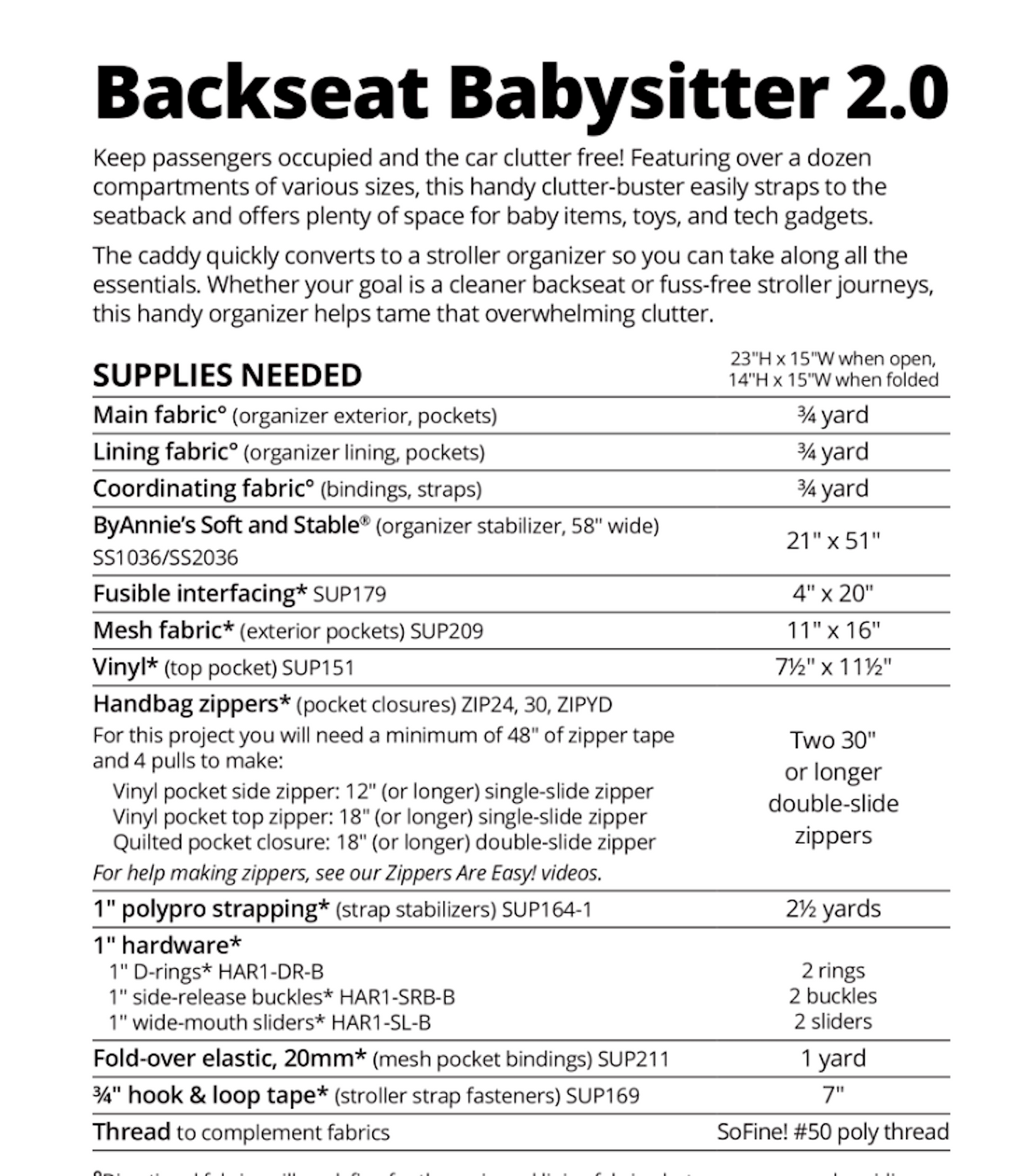 Sewing Pattern Quilted Backseat Babysitter 2.0 Newest Version ByAnnie Sewing Level 4 & Up -Pls Read Description