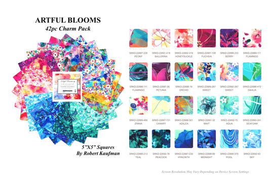 42PC Artful Blooms Floral Charmpack Fabric by Robert Kaufman 5X5" Squares 100% Cotton Square Charm Pack