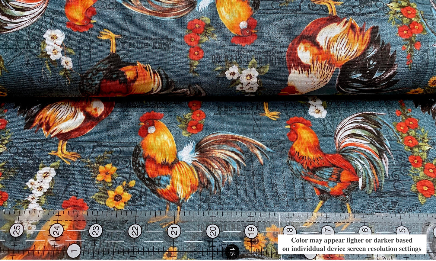 Wilmington Prints Rooster 100% Quilt Cotton Fabric Blue Farm Kitchen