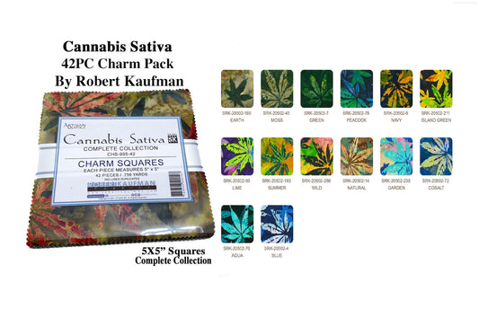 Robert Kaufman 42PC Cannabis Sativa "Batik" Charmpack Fabric 5X5" Squares ; 100% Cotton