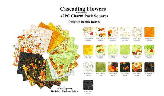 42PC Cascading Flowers Floral Charmpack Fabric by Robert Kaufman 5X5" Squares 100% Cotton Square Charm Pack