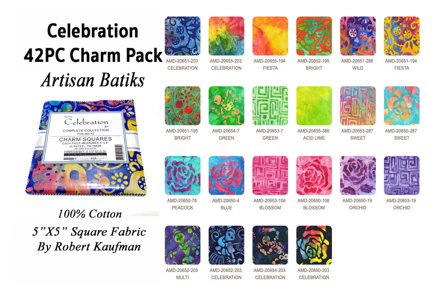 Robert Kaufman 42PC Celebration "Batik" Charmpack Fabric 5X5" Squares ; 100% Cotton ; Día de Muertos