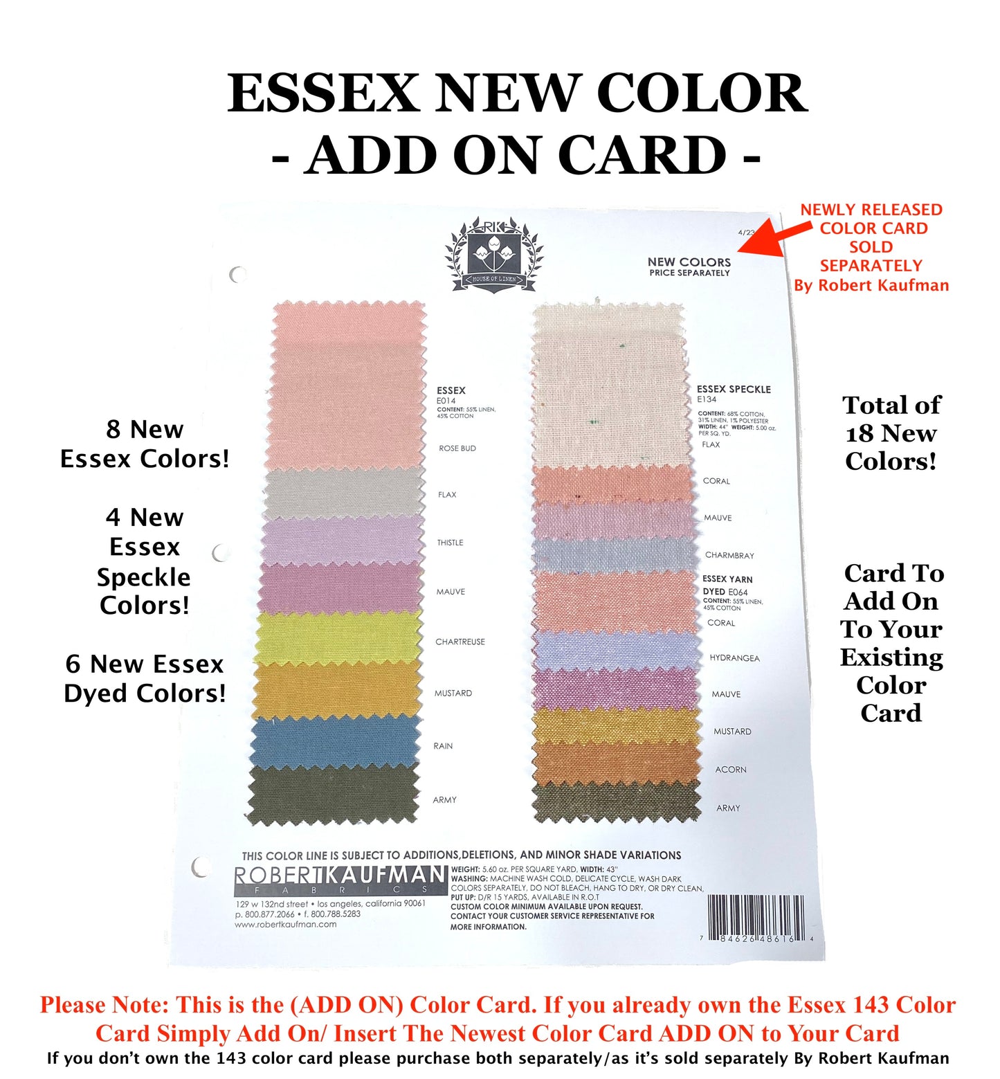 Essex Color Cards (CHOOSE) 143 Card Only,  New 18 Card Only (OR) Get Both SET/ Swatch Fabric by Robert Kaufman Approx 2.5"X1.25" Linen Cotten Blend