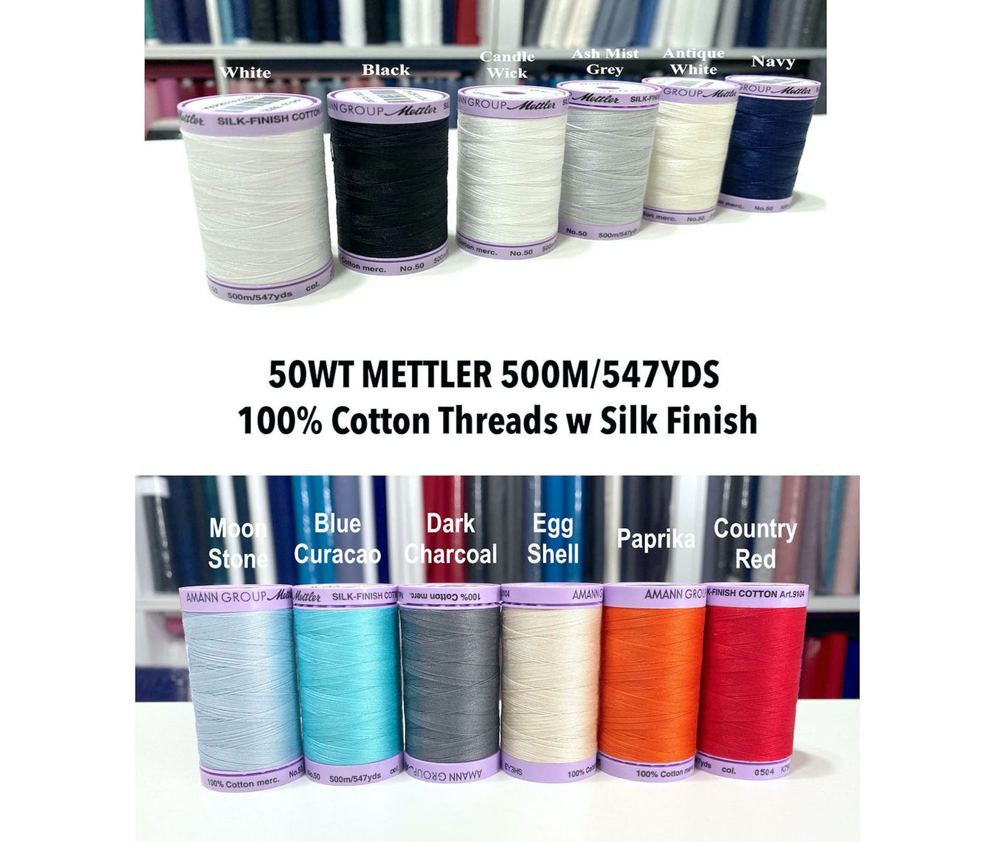 50WT Mettler 500M/547YDS Cotton Threads w Silk Finish Sewing 100% Cotton (Choose Color)