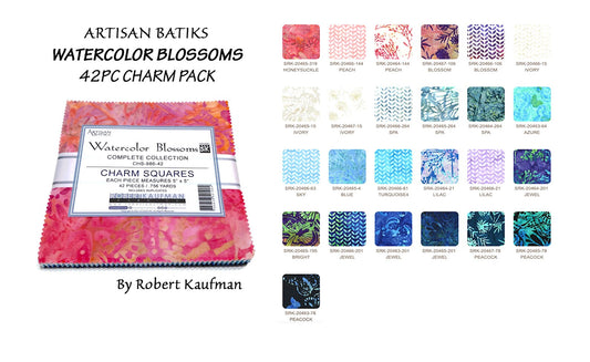 Robert Kaufman 42PC Watercolor Blossom "Batik" Charmpack Fabric 5X5" Squares ; 100% Cotton