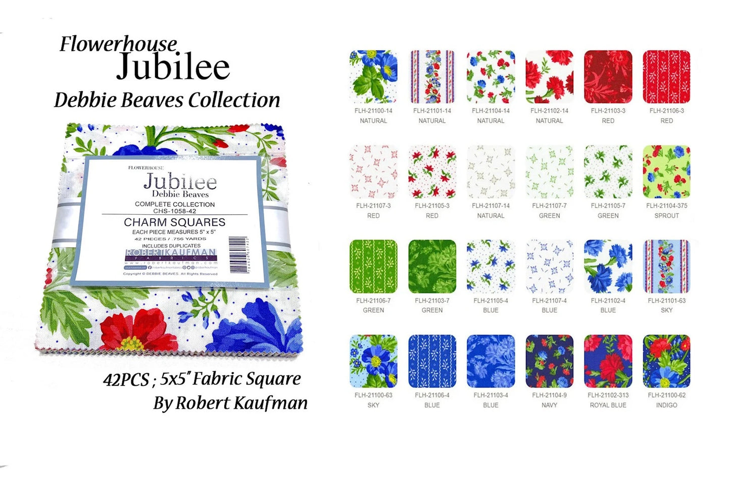 Robert Kaufman 42PC Jubilee Charmpack 5X5" Square Flowerhouse Fabric Debbie Beaver Collection