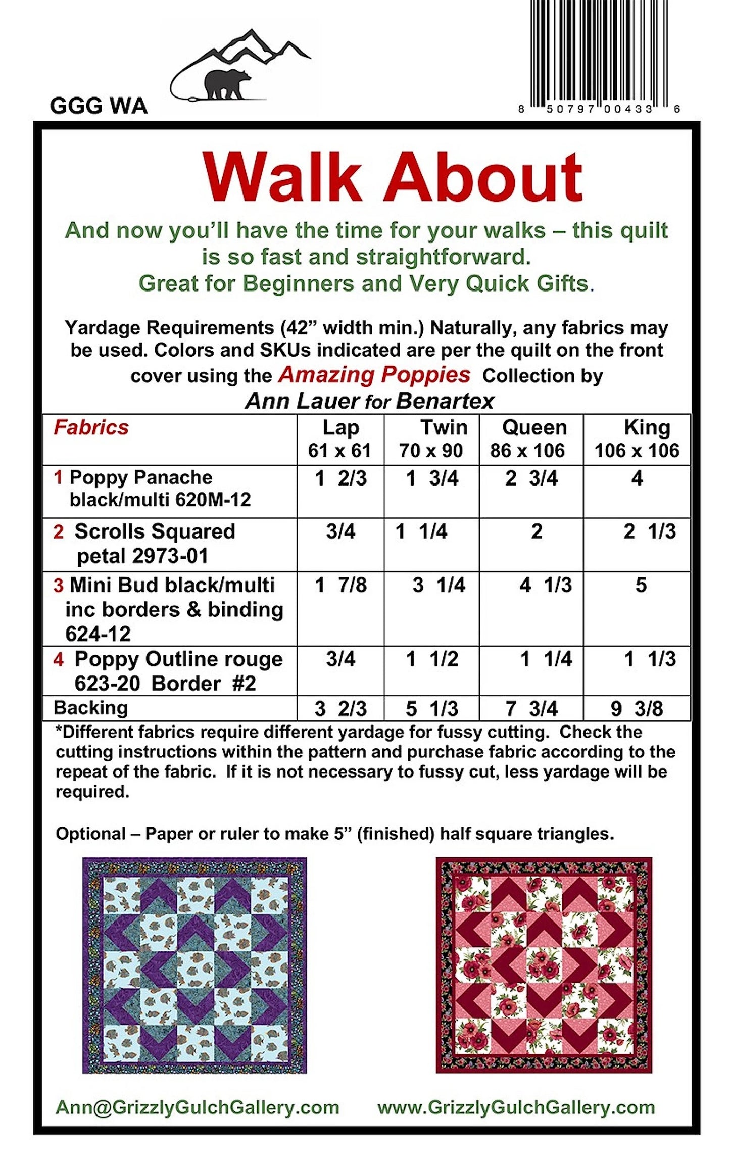 Pattern Walk About Quilt Sewing Beginner Friendly Grizzly Gulch Gallery Ann Lauer -Read Description