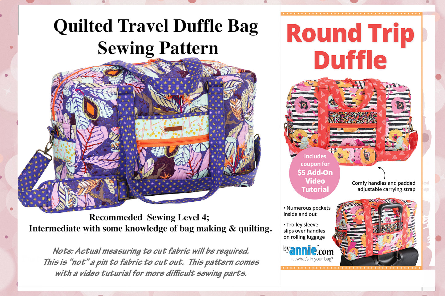 Sewing Pattern Quilted Travel Duffle Bag ; Round Trip Duffle ByAnnie Sewing Level 4 & Up -Pls Read Description