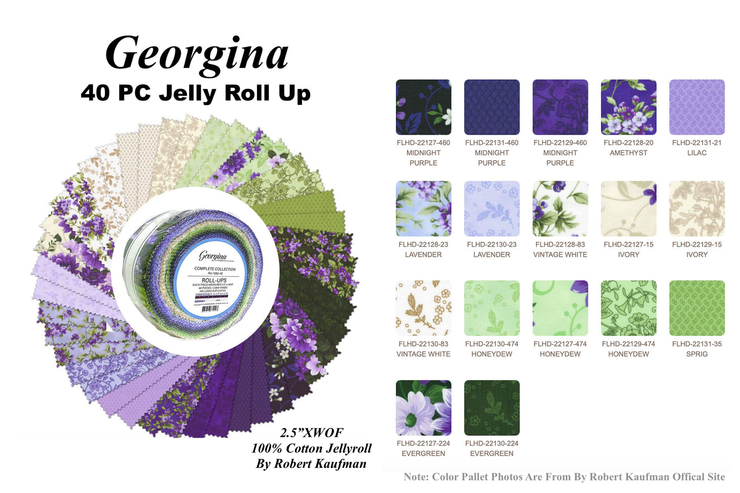 40PC JellyRoll Fabric Robert Kaufman Fabric Roll Up 2.5"XWOF Strips Georgina Complete Collection Violet Purple Floral