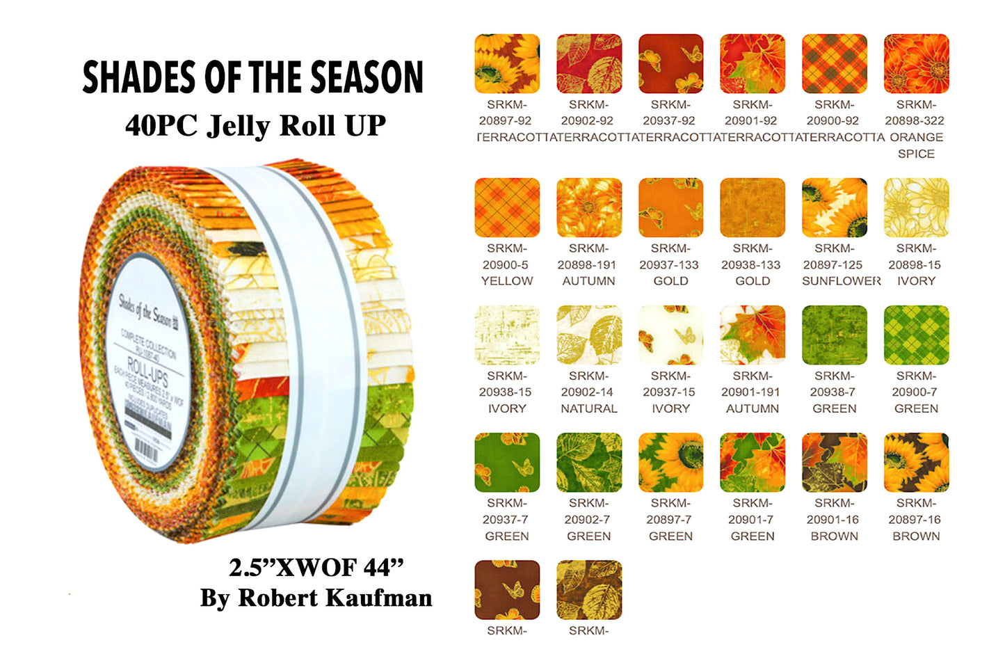 Robert Kaufman 40PC Jellyroll, Shades of The Season Fabric ; 2.5" X 44WOF Jelly roll