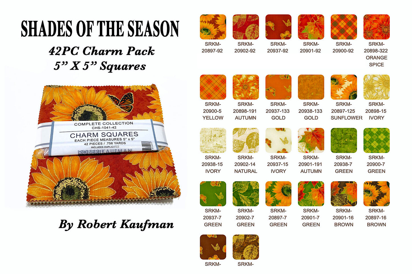 42PC by Robert Kaufman Shades of the Season 5X5" Square Fabric ; 100% Cotton Charm Pack ; Autumn Fall Fabric Floral