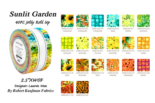 Robert Kaufman 40PC Sunlit Garden Jellyroll 2.5"XWOF 100% Cotten Fabric New Collection Sunflowers Floral