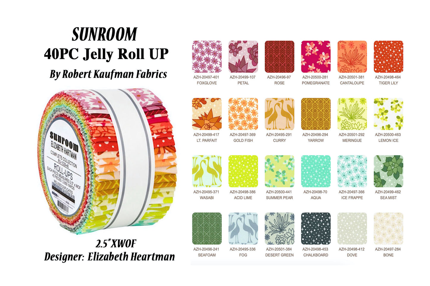 Robert Kaufman 40PC Sunroom JellyRoll Fabric 2.5"XWOF Strips by Elizabeth Heartman